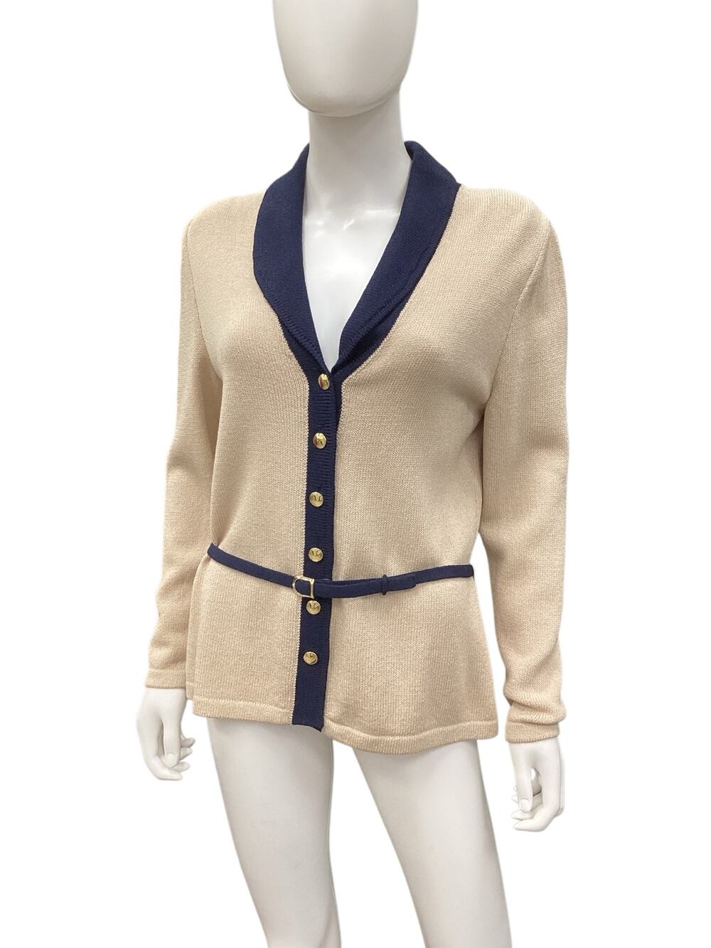 VTG St. John SJK Cardigan Women’s Size 6 2-Tone Fine Knit With Belt&Gold Buttons